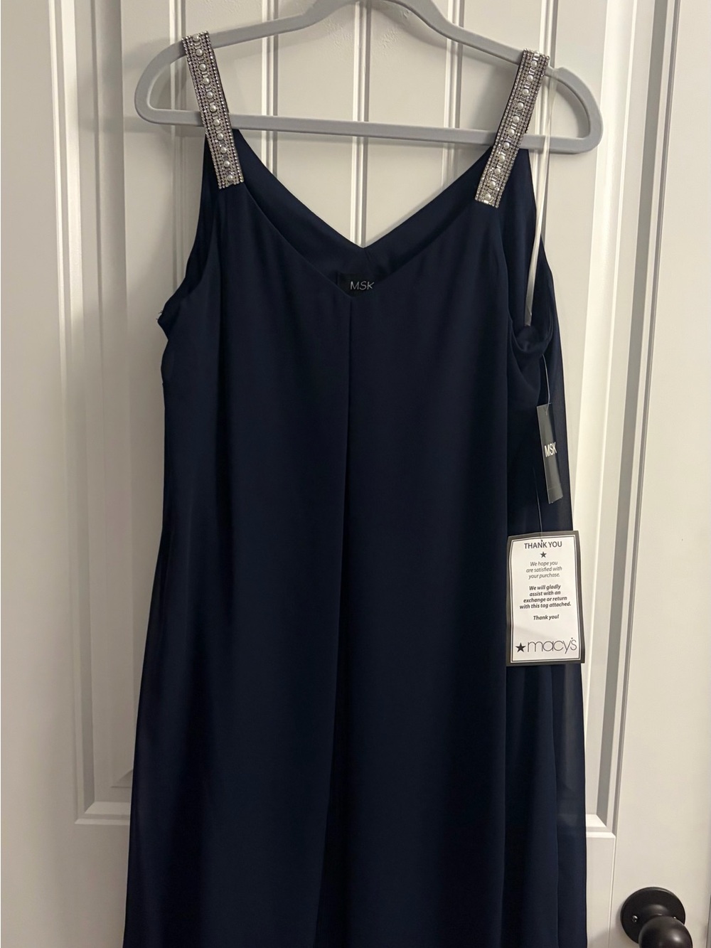 MSK Navy Strapless Gown with Rhinestone Shoulder Straps